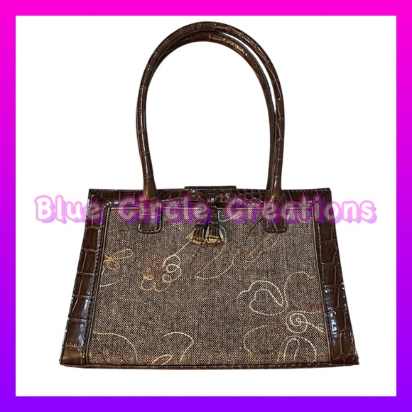 Liz Claiborne Vintage Brown Tapestry Purse with Faux Leather Handles and Trim - Picture 1 of 17